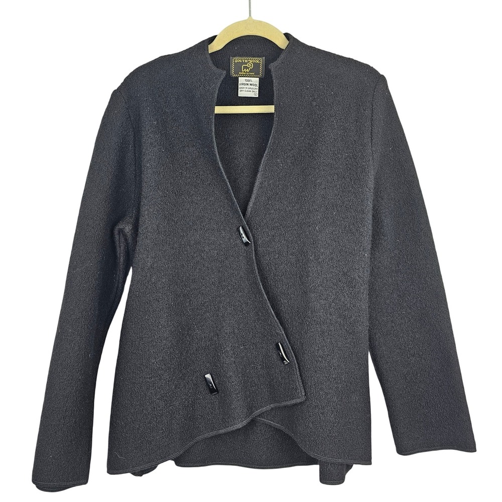 South‎ Wool Black Wool Cardigan Jacket Asymmetrical Button Front Women's Large